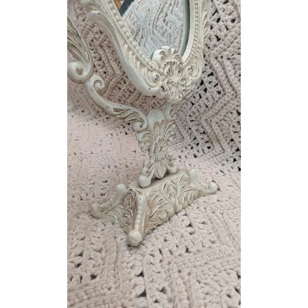 Vintage Ornate Cast Metal Swivel Vanity Mirror Distressed Cream Shabby Chic 13in